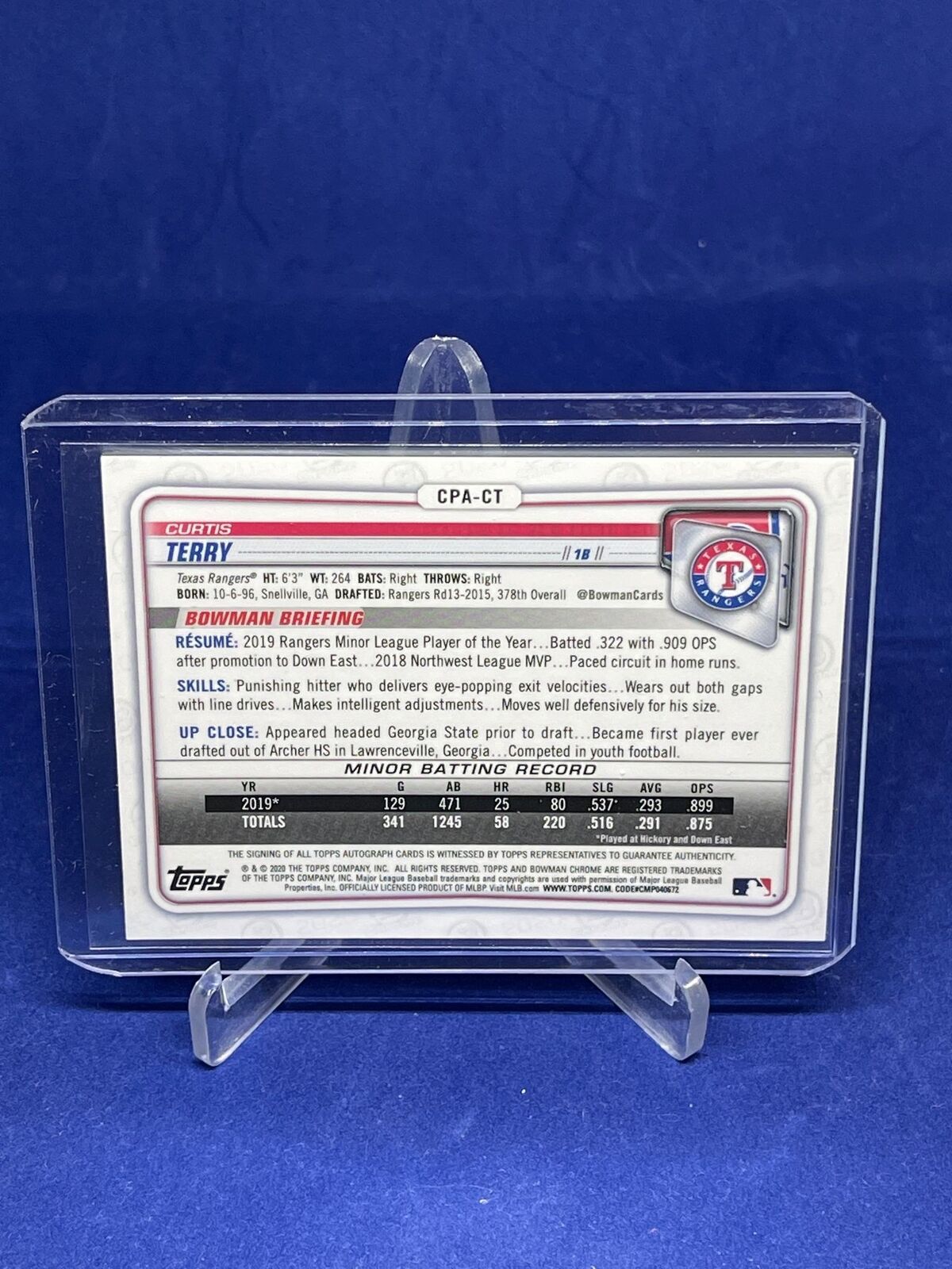 CURTIS TERRY 2020 BOWMAN CHROME 1ST BLUE REFRACTOR AUTO PROSPECT #D 13/150