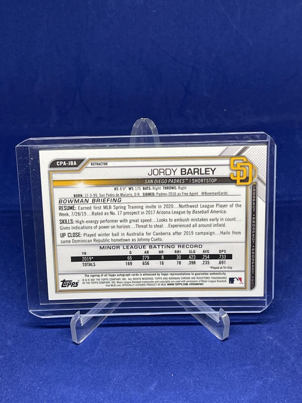 JORDY BARLEY 2021 BOWMAN CHROME 1ST BOWMAN REFRACTOR AUTO PROSPECT #D 52/499