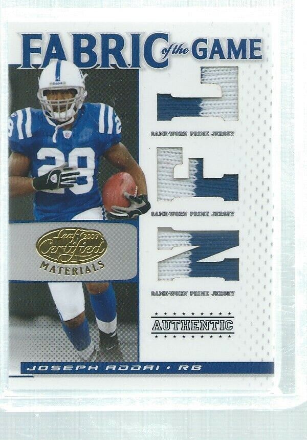 JOSEPH ADDAI 2007 CERTIFIED FABRIC OF THE GAME DIE CUT TRIPLE PATCH #D 5/10
