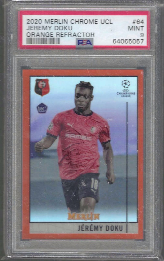 JEREMY DOKU 2020-21 MERLIN CHROME UCL ORANGE REFRACTOR RC /25 PSA 9 MINT POP 1/1