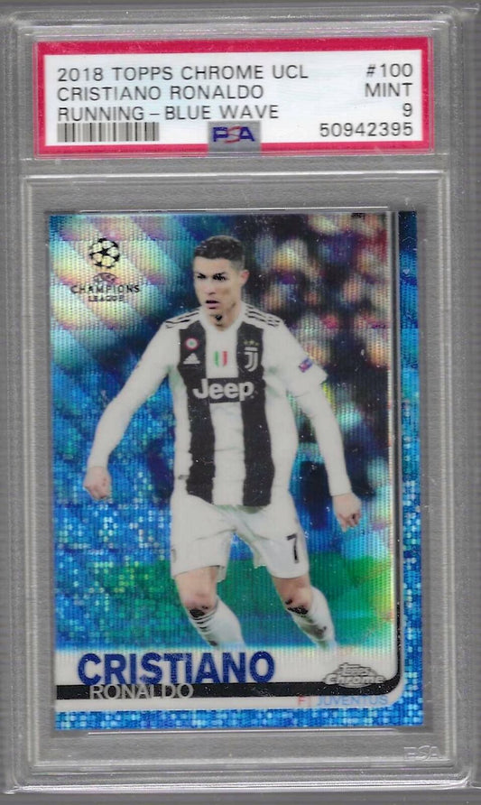CRISTIANO RONALDO 2018-19 TOPPS CHROME UCL BLUE WAVE REFRACTOR /75 PSA 9 POP 5