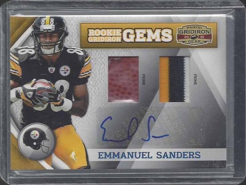 EMMANUEL SANDERS 2010 GRIDIRON GEAR GEMS RPA DUAL 3 COLOR PATCH AUTO RC #D 8/15