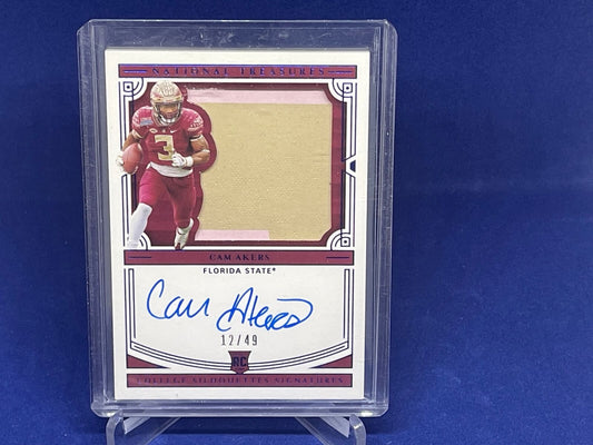 CAM AKERS 2020 NATIONAL TREASURES BLUE RPA 2 CLR PATCH ON CARD AUTO RC #D 12/49
