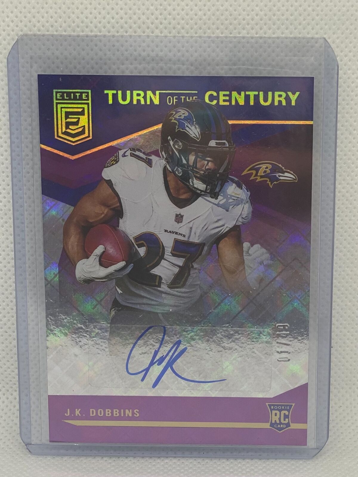 J.K DOBBINS 2020 PANINI CHRONICLES ELITE TURN OF THE CENTURY PURPLE AUTO RC 1/49