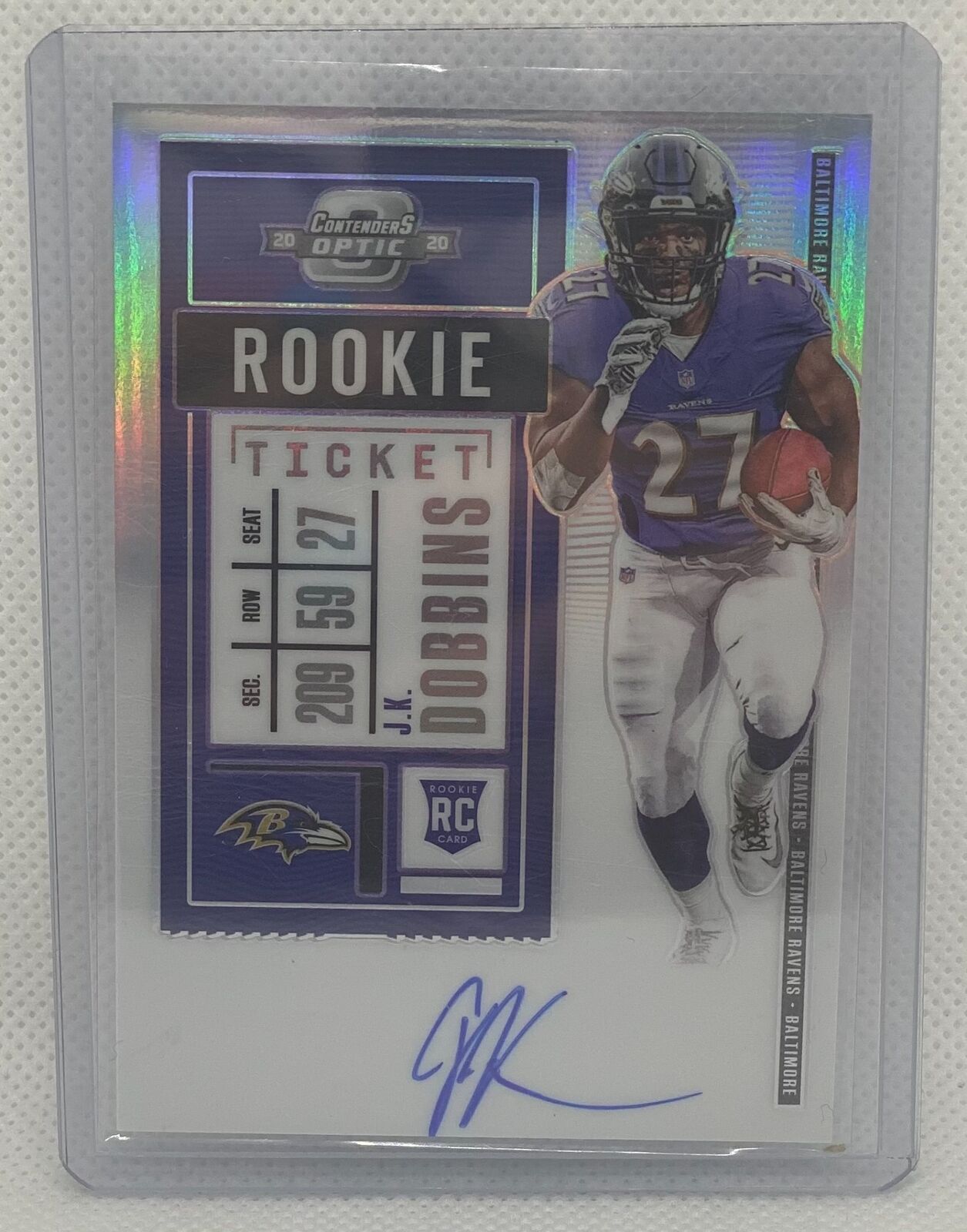 J.K DOBBINS 2020 CONTENDERS OPTIC SILVER HOLO ROOKIE TICKET ON CARD AUTO RC #123