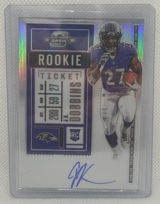 J.K DOBBINS 2020 CONTENDERS OPTIC SILVER HOLO ROOKIE TICKET ON CARD AUTO RC #123