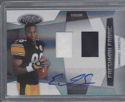 EMMANUEL SANDERS 2010 CERTIFIED FRESHMAN FABRIC STEELERS ROOKIE AUTO RC #D /600