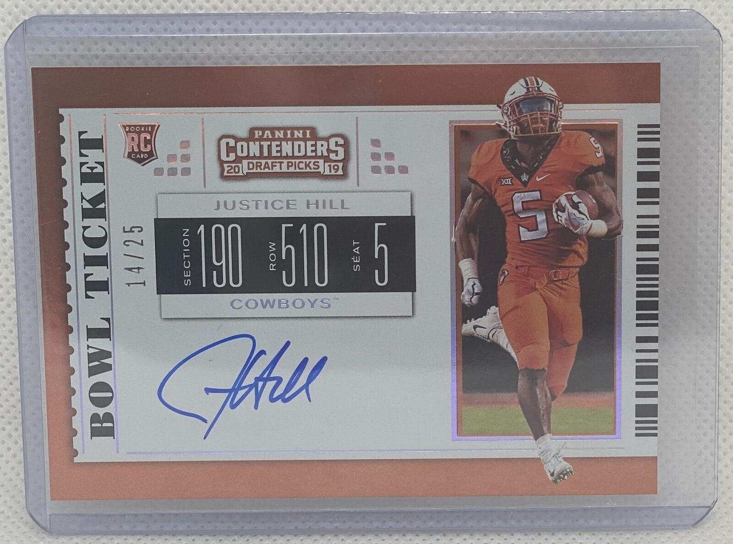 JUSTICE HILLL 2019 PANINI CONTENDERS DRAFT PICKS BOWL TICKET AUTO RC #D 14/25