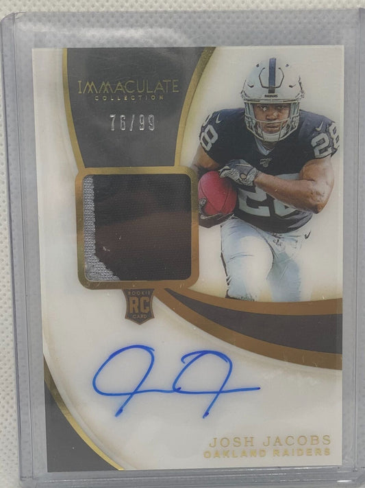 JOSH JACOBS 2019 PANINI IMMACULATE COLLECTION RPA PATCH ON CARD AUTO RC #D 76/99