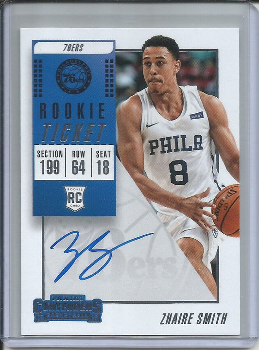 ZHAIRE SMITH 2018-19 PANINI CONTENDERS ROOKIE TICKET AUTO ON CARD RC