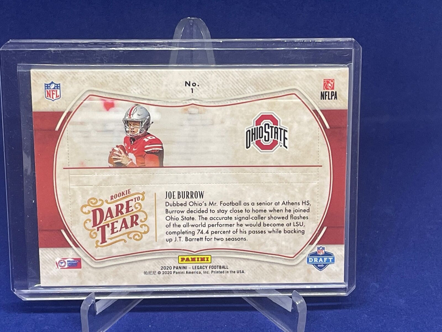 JOE BURROW 2020 PANINI LEGACY DARE TO TEAR (NOT TORN) RIP CARD ROOKIE RC #D /50