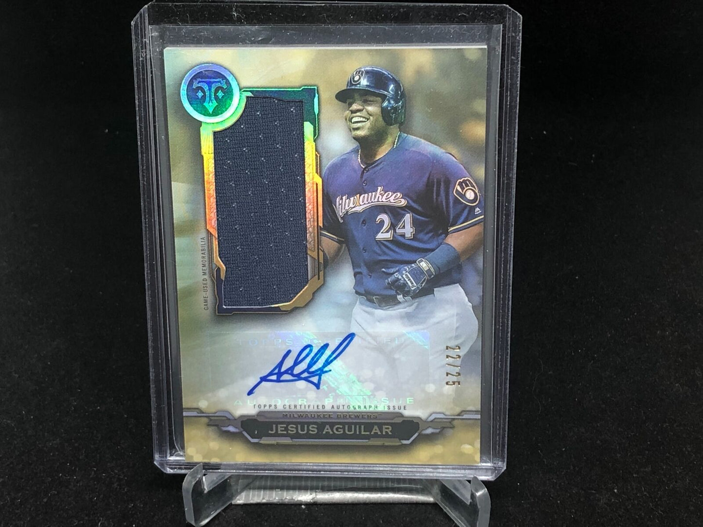 JESUS AGUILAR 2019 TOPPS TRIPLE THREADS GOLD JUMBO RELIC JERSEY AUTO #D 22/25