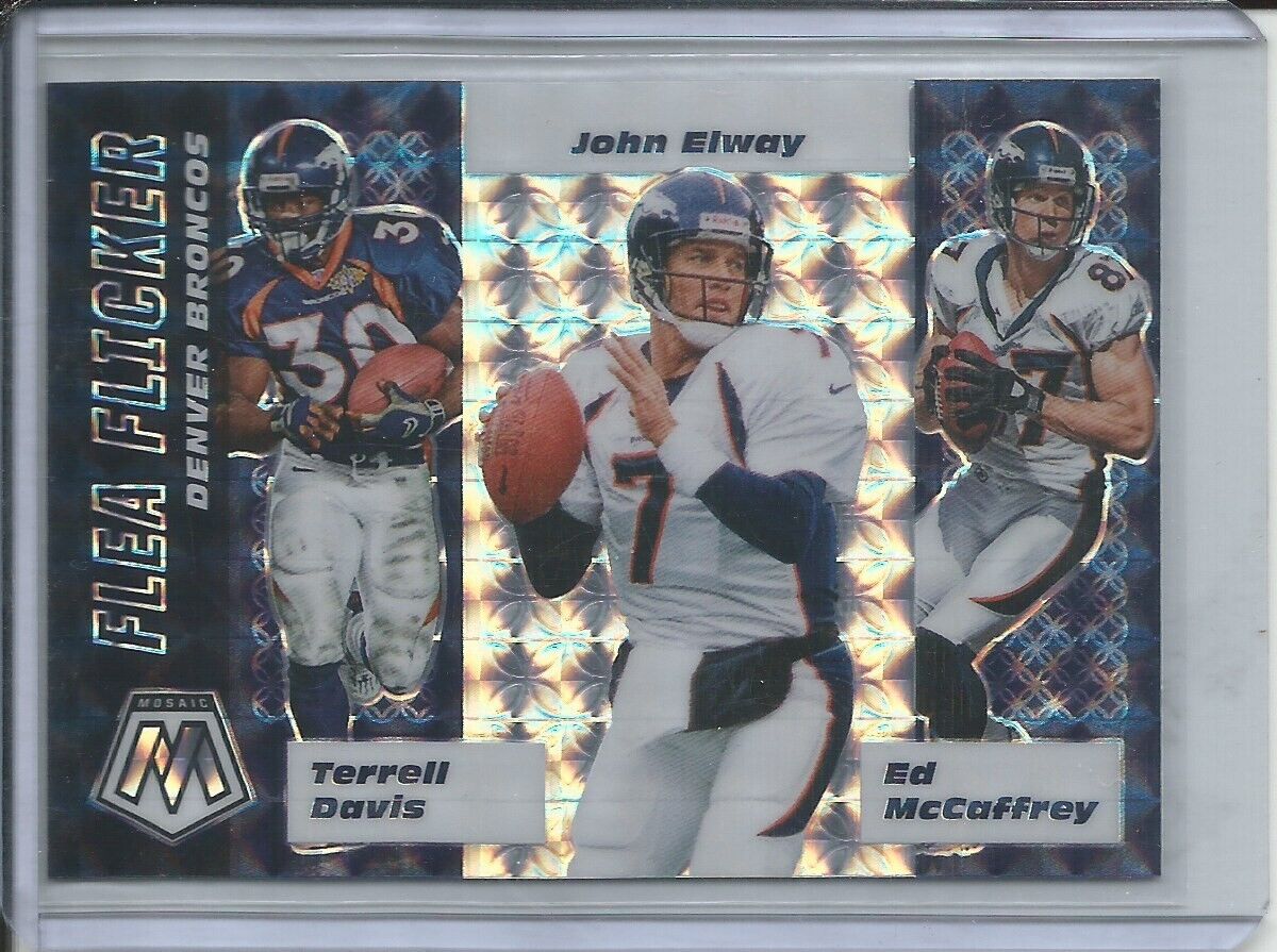 BRONCOS DAVIS ELWAY MCCAFFREY 2019-20 PANINI MOSAIC FLEA FLICKER SILVER PRIZM