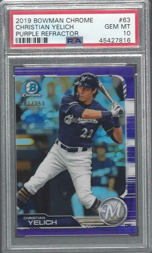 CHRISTIAN YELICH 2019 BOWMAN CHROME PURPLE REFRACTOR #D 243/250 PSA 10 GEM POP 2