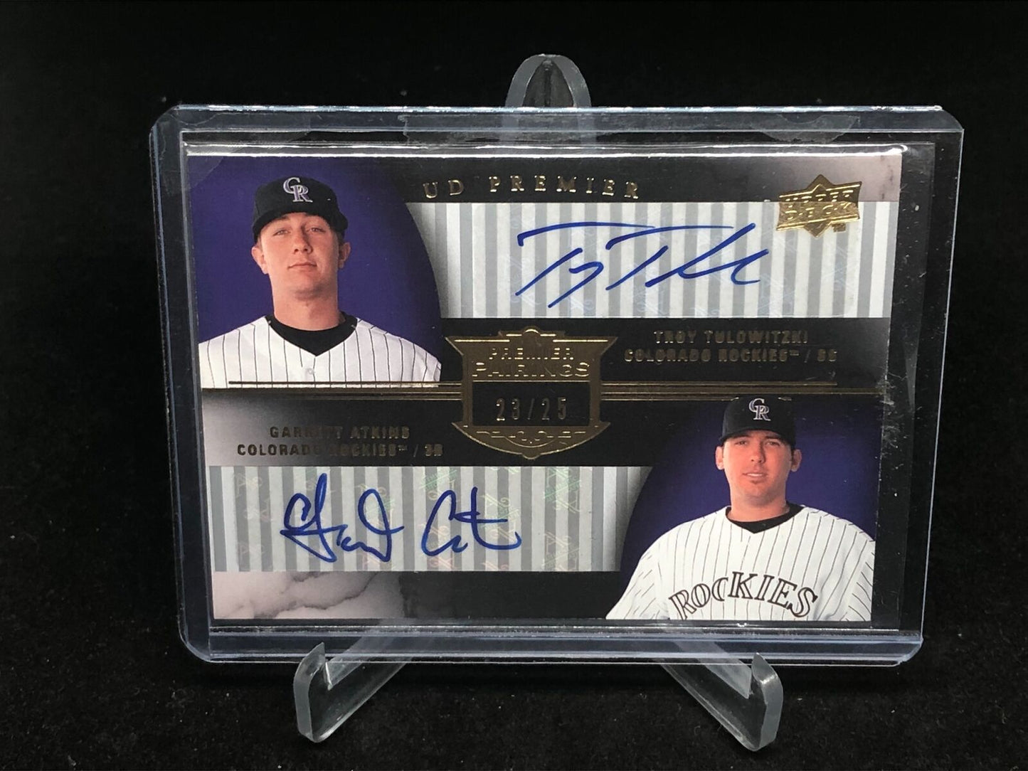 TROY TULOWITZKI GARRET ATKINS 2008 UPPER DECK PREMIER DUAL ON CARD AUTO #D 23/25