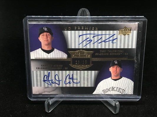 TROY TULOWITZKI GARRET ATKINS 2008 UPPER DECK PREMIER DUAL ON CARD AUTO #D 23/25