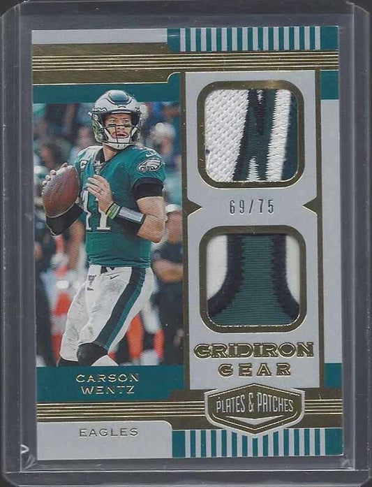 CARSON WENTZ 2019 PLATES & PATCHES GRIDIRON GEAR GOLD DUAL LOGO PATCH #D 69/75