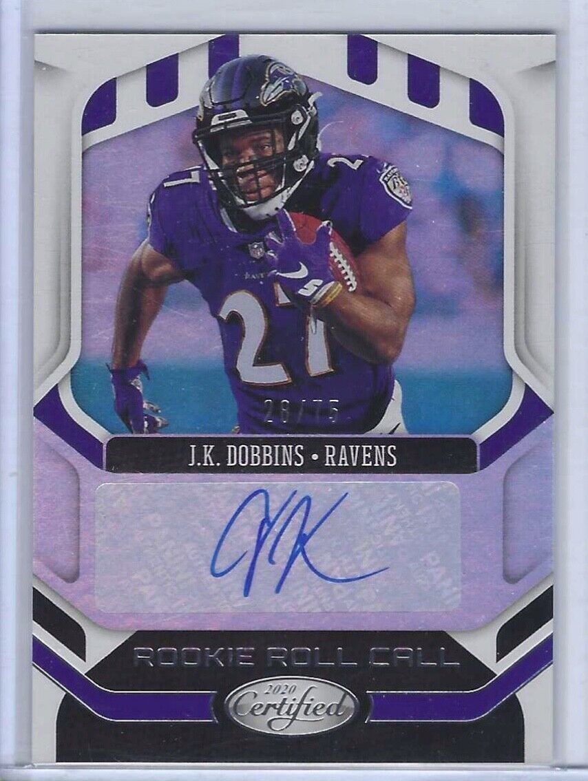 JK DOBBINS 2020 CERTIFIED ROOKIE ROLL CALL AUTO RC #D /75