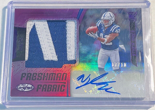 NYHEIM HINES 2018 CERTIFIED FRESHMAN FABRIC PATCH AUTO PURPLE ROOKIE RC #D 07/10
