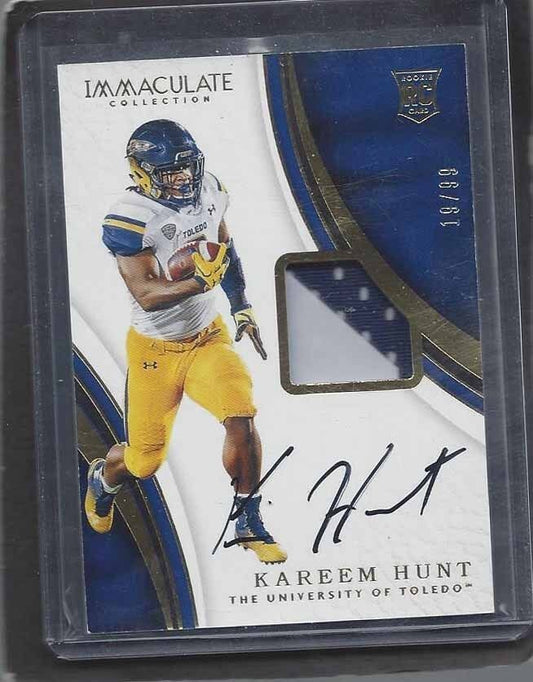 KAREEM HUNT 2017 IMMACULATE COLLECTION RPA 2 COLOR PATCH ON CARD AUTO RC #D /99