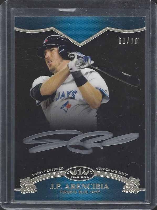 J.P. ARENCIBIA 2012 TOPPS TIER ONE BLACK SILVER INK ON CARD AUTO #D 1/10