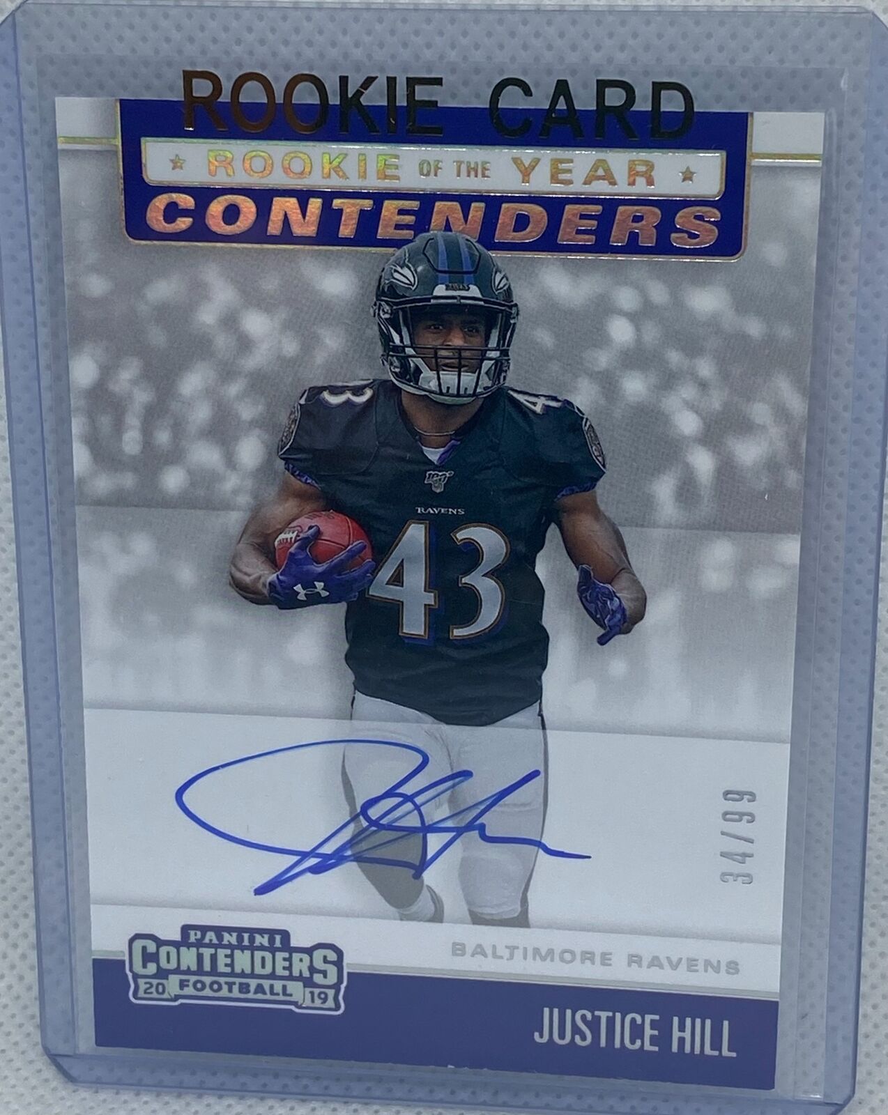 JUSTICE HILL 2019 PANINI CONTENDERS ROOKIE OF THE YEAR ON CARD AUTO RC #D 34/99