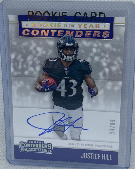JUSTICE HILL 2019 PANINI CONTENDERS ROOKIE OF THE YEAR ON CARD AUTO RC #D 34/99