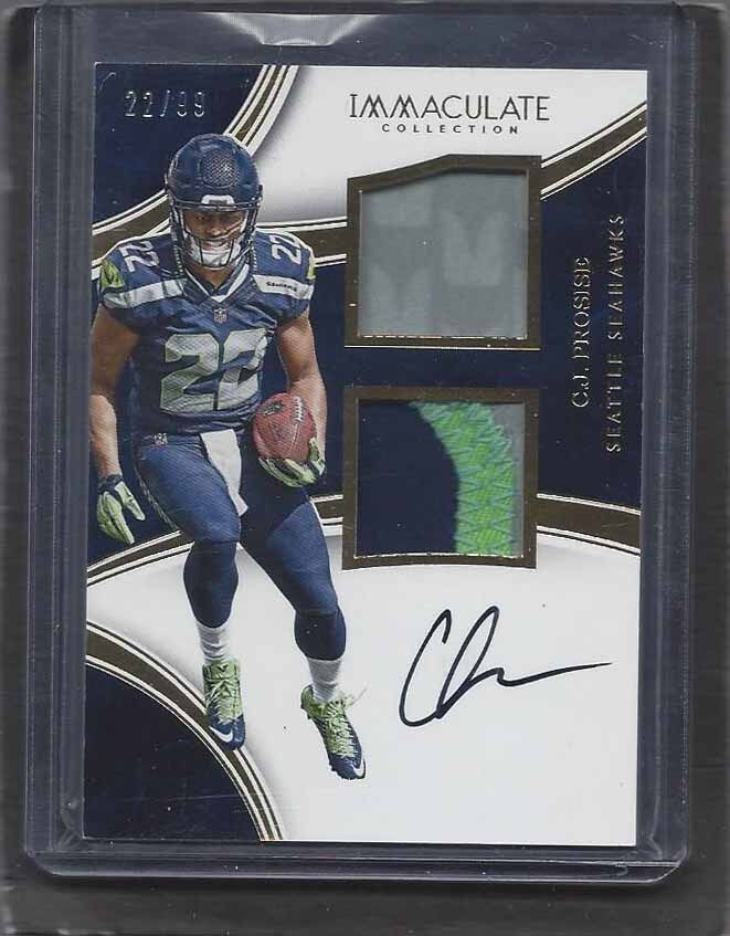 1/1 C.J. PROSISE 2017 IMMACULATE COLLECTION DUAL PATCH AUTO RC #D 22/99 JSY #22