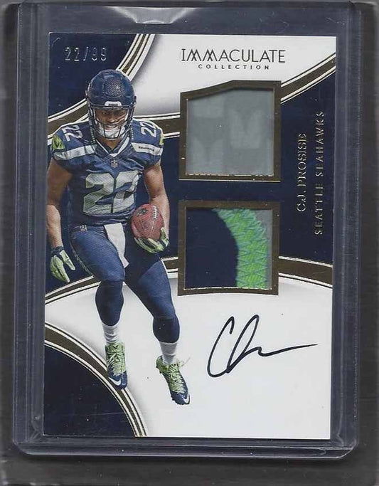 1/1 C.J. PROSISE 2017 IMMACULATE COLLECTION DUAL PATCH AUTO RC #D 22/99 JSY #22