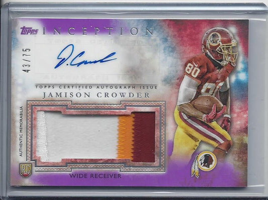 JAMISON CROWDER 2015 TOPPS INCEPTION RPA PURPLE 3 COLOR PATCH AUTO RC #D 43/75