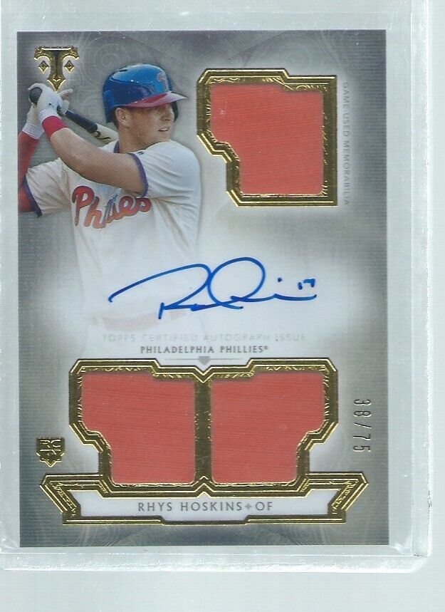 RHYS HOSKINS 2018 TOPPS TRIPLE THREADS JERSEY ON CARD AUTO RC #D 38/75