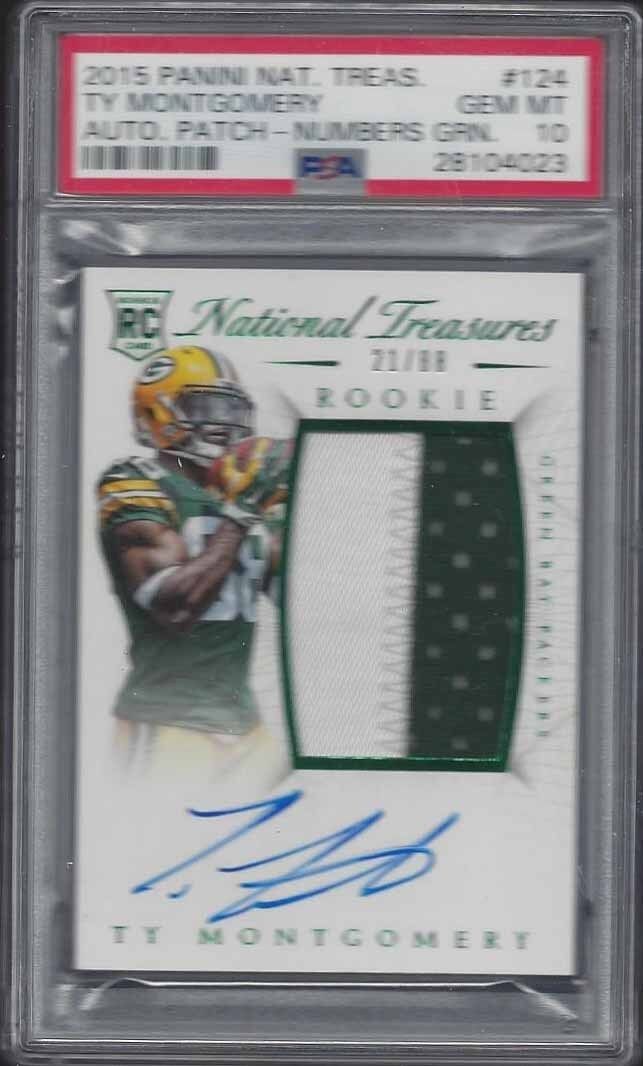 TY MONTGOMERY 2015 NATIONAL TREASURES RPA NUMBERS GREEN PATCH AUTO RC /88 PSA 10