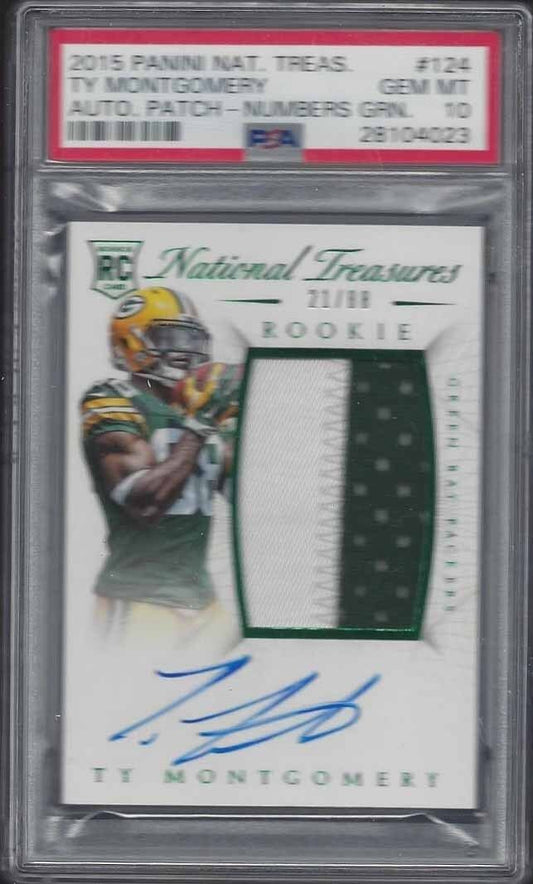 TY MONTGOMERY 2015 NATIONAL TREASURES RPA NUMBERS GREEN PATCH AUTO RC /88 PSA 10