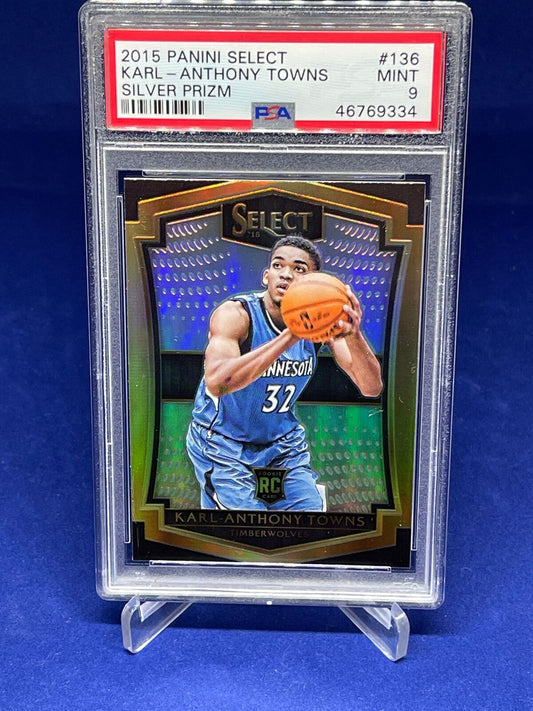 KARL ANTHONY TOWNS 2015-16 PANINI SELECT SILVER PRIZM ROOKIE RC #136 PSA 9 MINT