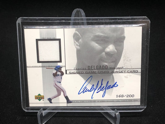 CARLOS DELGADO 2001 UPPER DECK GAME USED JERSEY ON CARD AUTO #D 168/200