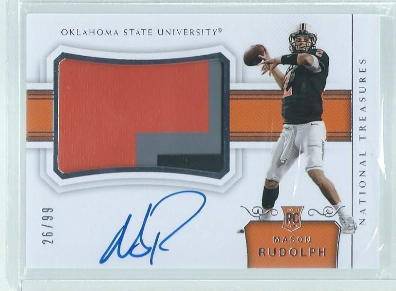 MASON RUDOLPH 2018 NATIONAL TREASURES 3 COLOR PATCH ON CARD AUTO RC #D 26/99