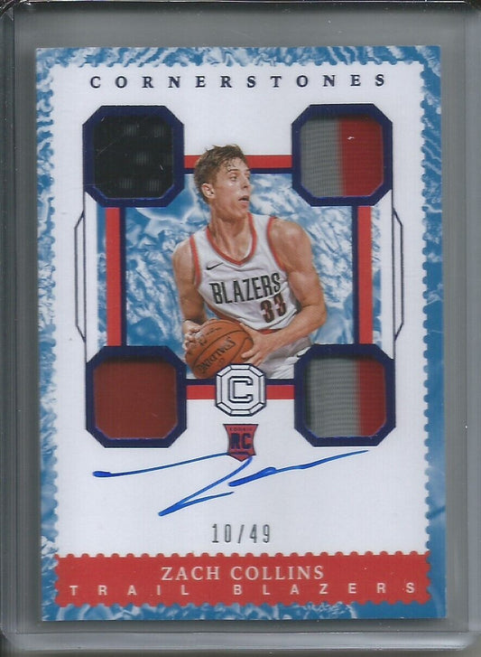 ZACH COLLINS 2017-18 PANINI CORNERSTONES QUARTZ QUAD PATCH ON CARD AUTO RC /49