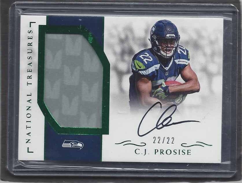 1/1 C.J. PROSISE 2016 NATIONAL TREASURES GREEN PATCH AUTO #D 22/22 JERSEY #22 !