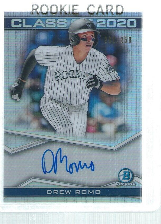 DREW ROMO 2020 BOWMAN CHROME DRAFT CLASS ON CARD AUTO REFRACTOR PROSPECT #D /250