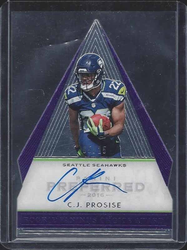 C.J. PROSISE 2016 PREFERRED PURPLE CHOICE AWARD DIE CUT ON CARD AUTO RC #D 5/25