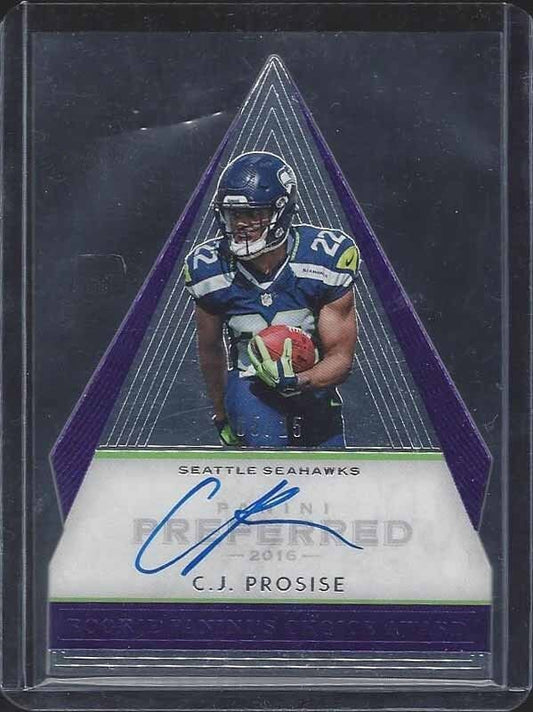 C.J. PROSISE 2016 PREFERRED PURPLE CHOICE AWARD DIE CUT ON CARD AUTO RC #D 5/25