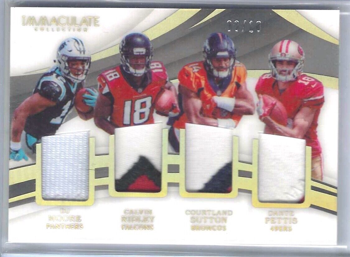 MOORE RIDLEY SUTTON PETTIS 2018 IMMACULATE QUAD RELIC GOLD PRIZM #D /10