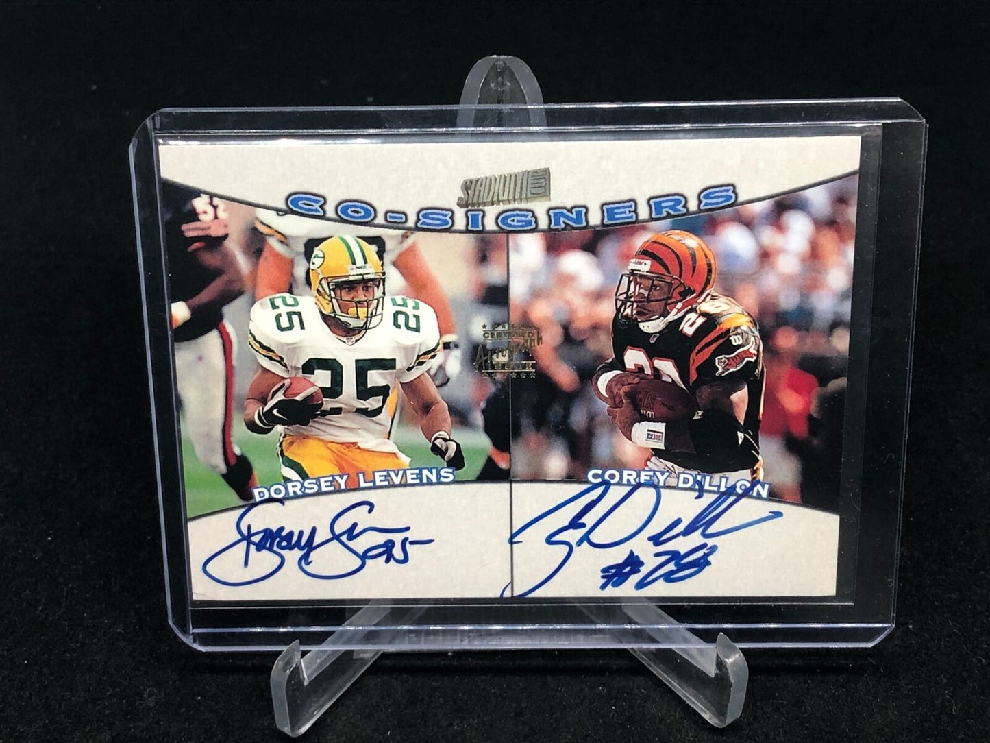 DORSEY LEVENS COREY DILLON 1998 TOPPS STADIUM CLUB CO-SIGNERS DUAL ON CARD AUTO