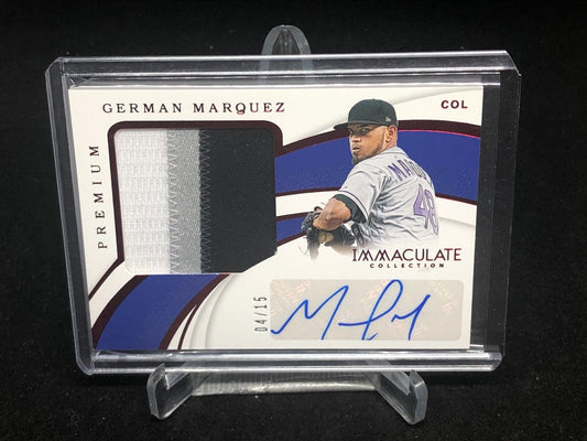 GERMAN MARQUEZ 2019 PANINI IMMACULATE PREMIUM 3 CLR PATCH ON CARD AUTO #D 4/15