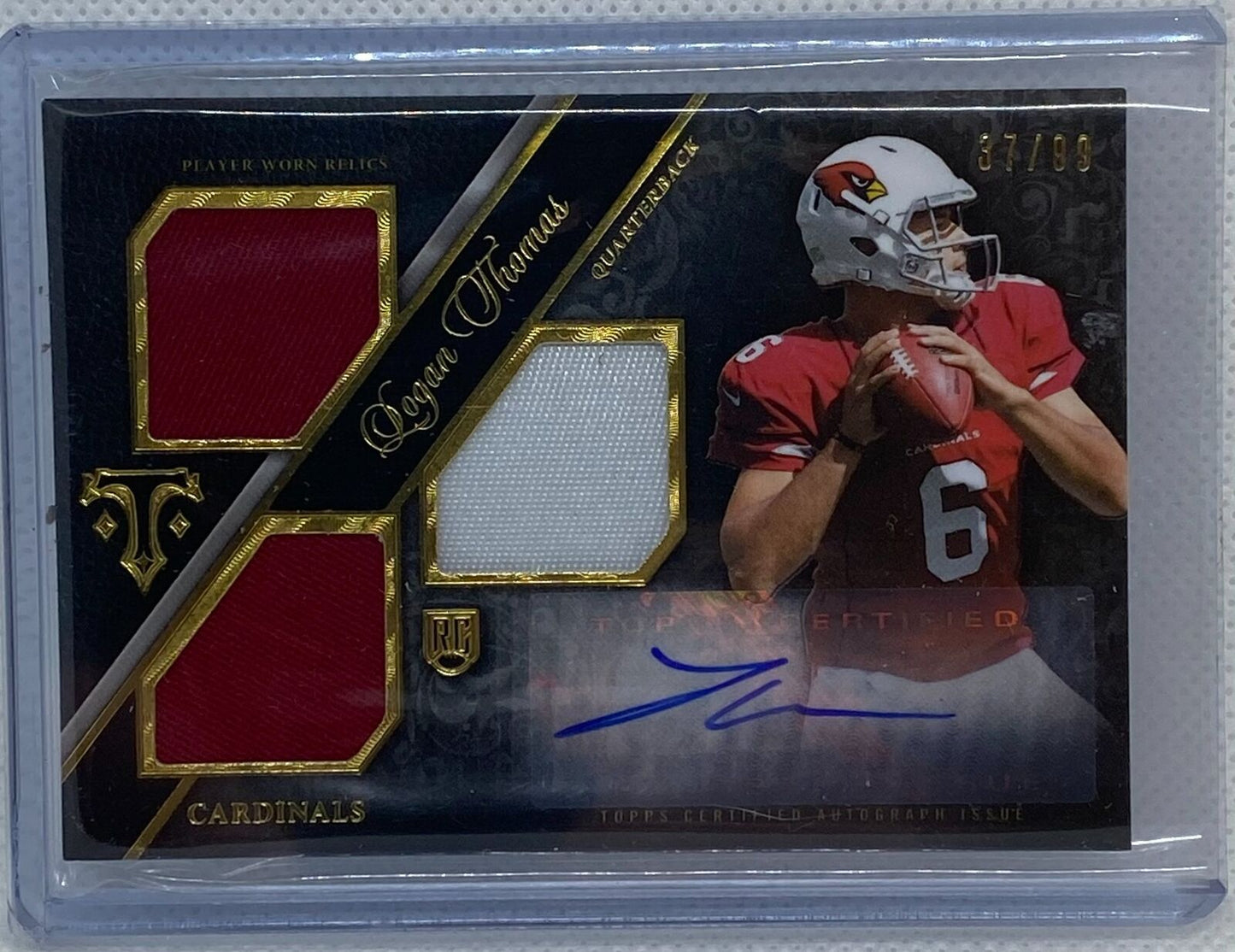 LOGAN THOMAS 2014 TOPPS TRIPLE THREADS GOLD TRI PATCH AUTO RC #D 37/99