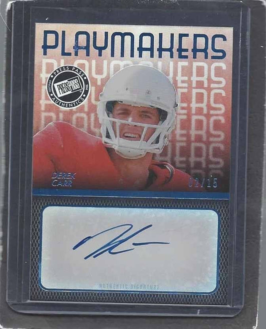 DEREK CARR 2014 PRESS PASS PLAYMAKERS ON CARD ROOKIE AUTO RC #D 2/15