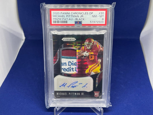 MICHAEL PITTMAN JR 2020 CHRONICLES PRIZM BLACK BOWL PATCH AUTO RC #D 2/7 PSA 8