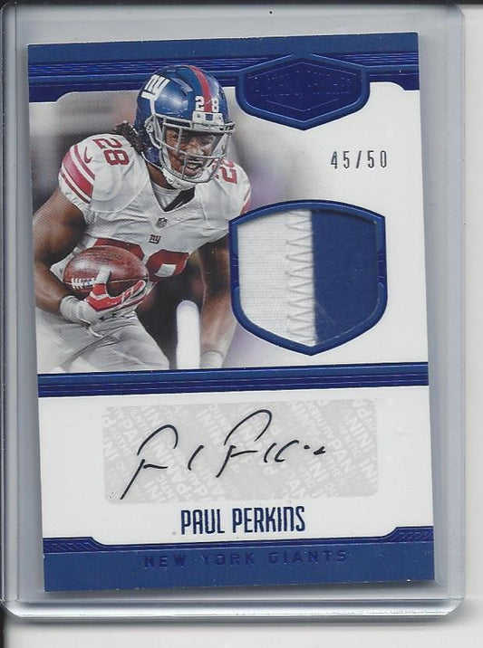 PAUL PERKINS 2016 PLATES & PATCHES BLUE RPA GIANTS ROOKIE PATCH AUTO RC #D 45/50