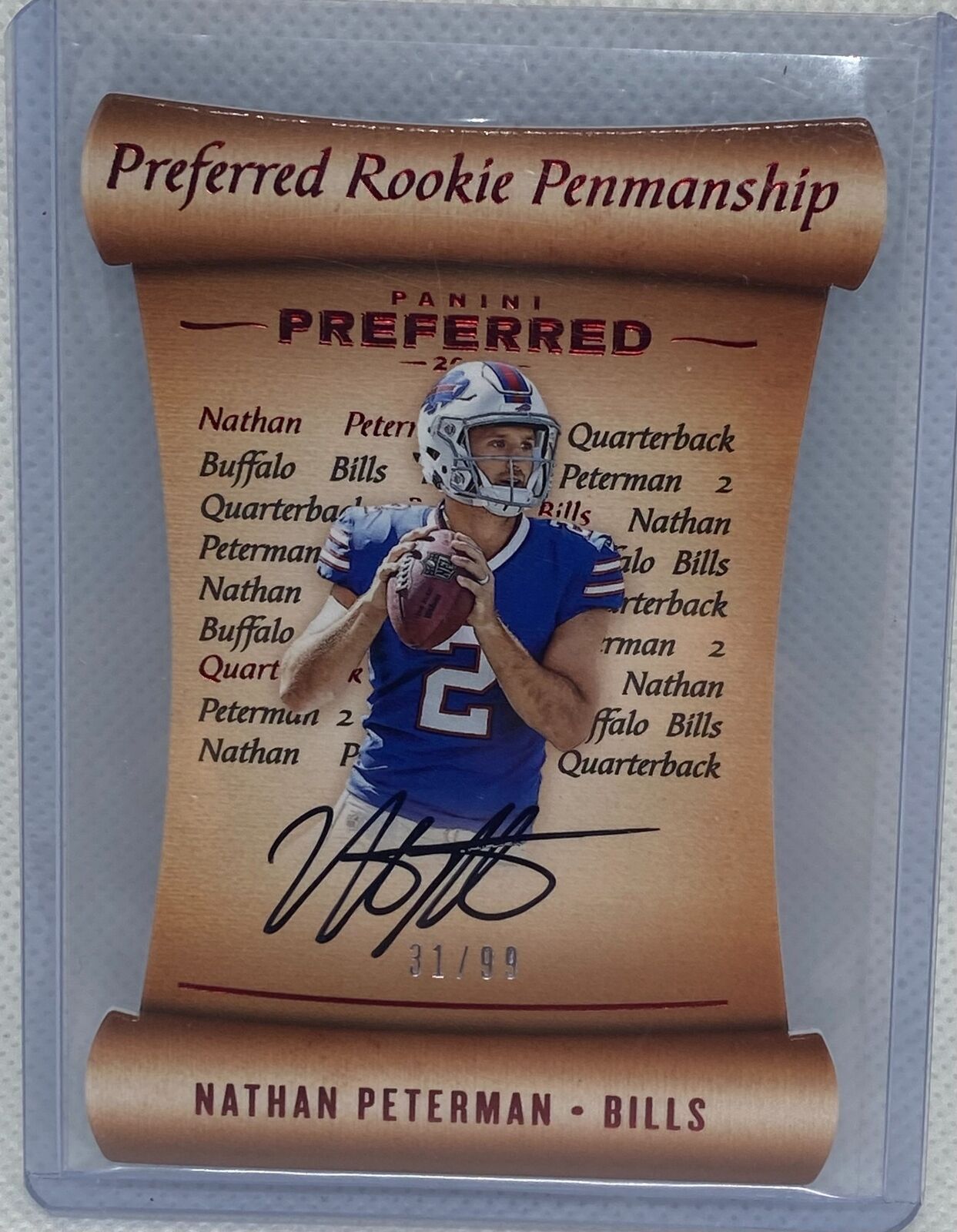 NATHAN PETERMAN 2017 PANINI PREFERRED ROOKIE PENMANSHIP ON CARD AUTO RC #D 31/99