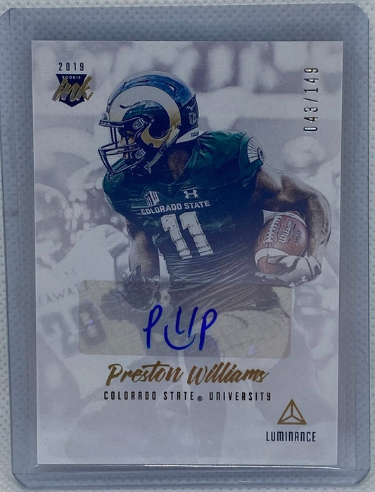 PRESTON WILLIAMS 2019 PANINI LUMINANCE ROOKIE INK AUTO RC #D 043/149